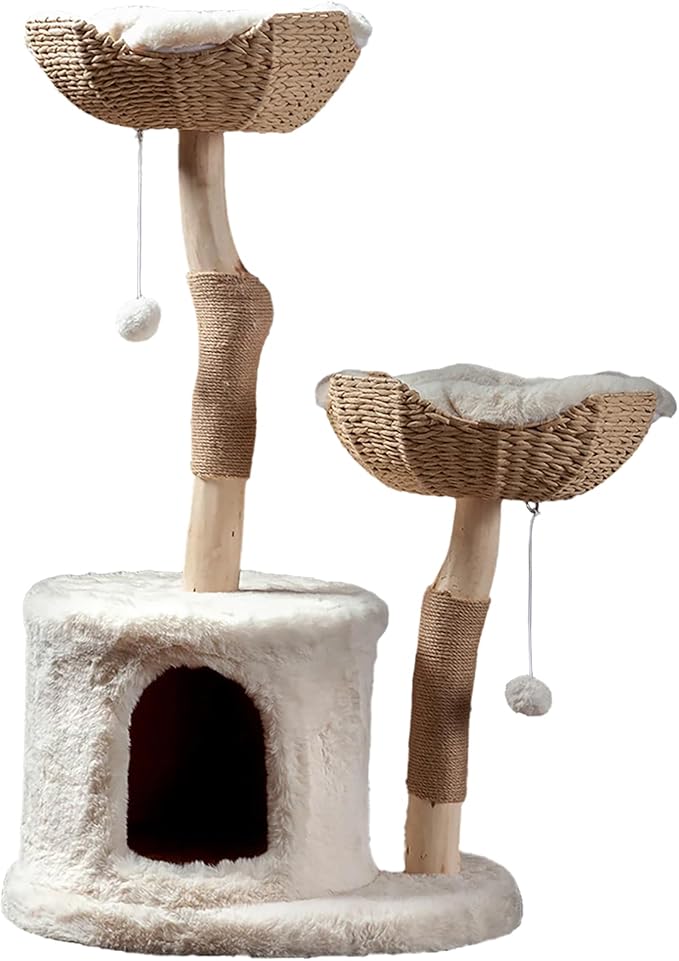 Habitat Haven The Bungalow Cat Tree - Luxury Cat Condo, Large Modern Indoor Tower with 2 Faux Fur Beds, Scratching Posts, Toys, and Den for Cats, 23.5-Inch Width x 18-Inch Depth x 43-Inch Height