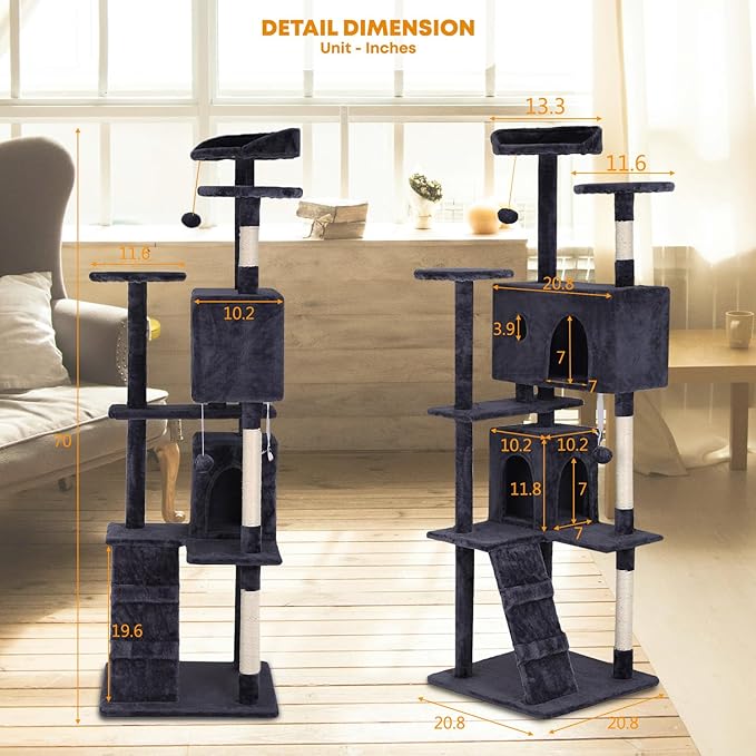 70in Cat Tree for Indoor Cats, Cat Tower with Cat Scratching Post, Multi-Level Cat Furniture, Cat Tower with Funny Toys for Kittens-Ashy