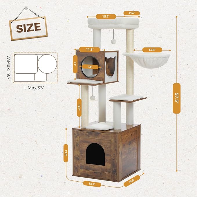 PETEPELA Cat Tree with Litter Box Enclosure, 2-in-1 Wood Cat Tower for Indoor Large Cats, 57.5'' Cat Condo with Scratching Posts, Cozy Hammock and Repalcable Dangling Balls, Brown