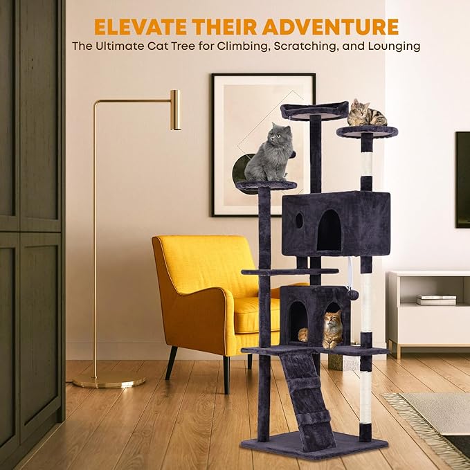 70in Cat Tree for Indoor Cats, Cat Tower with Cat Scratching Post, Multi-Level Cat Furniture, Cat Tower with Funny Toys for Kittens-Ashy