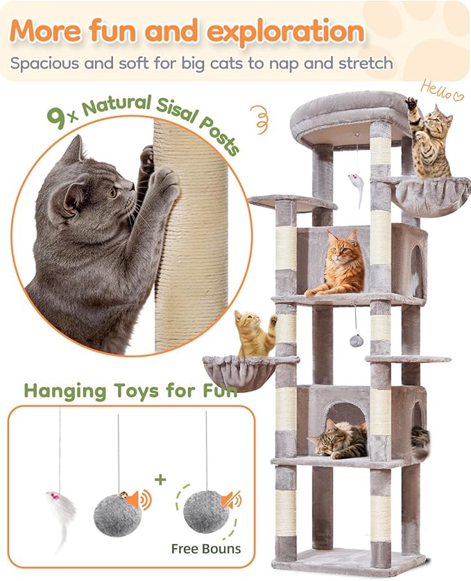 Taoqimiao 73 Inch Cat Tree XXL, Cat Tower for Indoor Cats, Large Cat Tree for Big Cats, Enlarged Platform, 2 Spacious Cat Condos, 9 Scratching Posts, 2 Cozy Baskets, F30W Light Gray