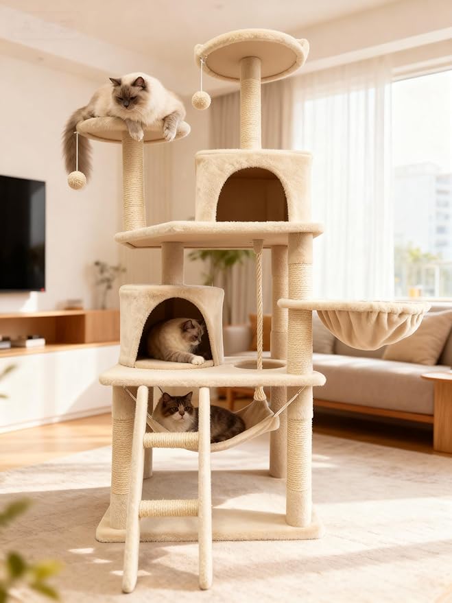 Cat Tree 60.63 inches Cat Tower for Indoor Cats, Multi-Level Cat Condo Furniture with Scratching Posts, Plush Perches, Activity Center with Cozy Basket & Hammock for Cats(Beige)