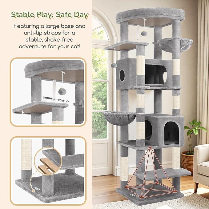 Globlazer Heavy Duty Cat Tree, 74in Sturdy Cat Tower for Large Cats Adult, Big Cat Tree with 7 Sisal Scratching Posts, 2 Padded Condos, 2 Dual-Ear Hanging Baskets, Enlarged Top Perch, S74, Light Grey