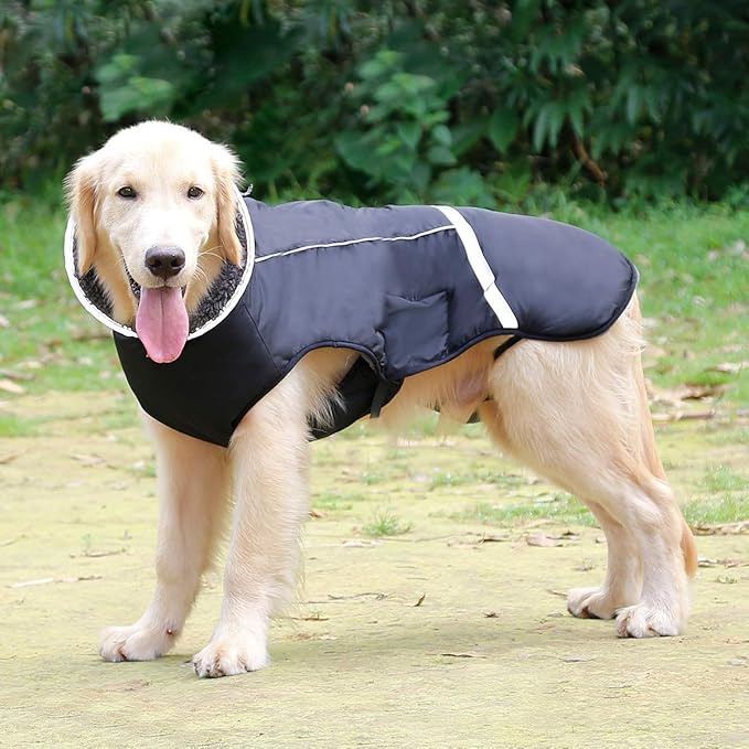 Warm Dog Coat, Reflective Waterproof Windproof Dog Jacket with Turtleneck for Cold Weather, Thick Fleece Lining, Pet Outfit, Adjustable Pet Vest for All Dog Sizes, Black