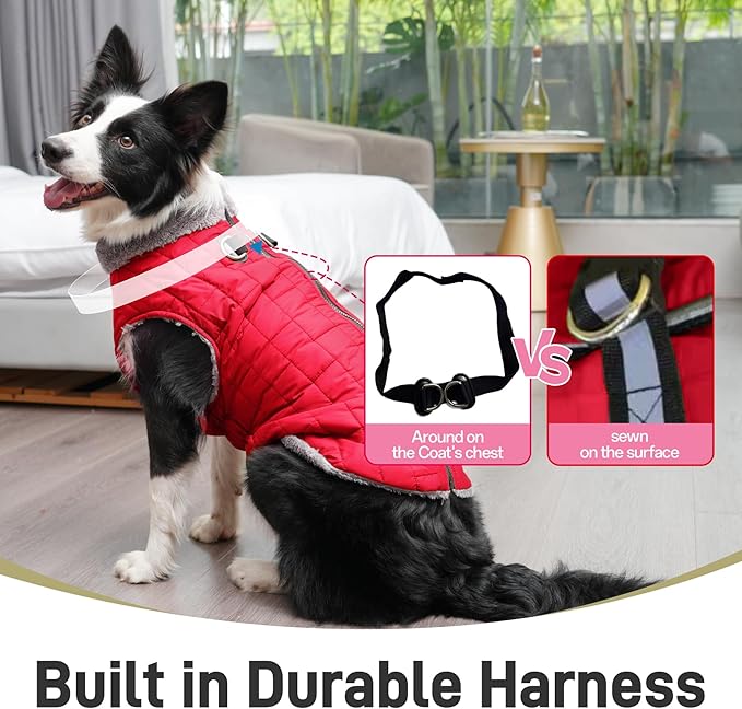 Warm Fleece Dog Coats with Durable Harness Buitl in D-Ring,Waterproof Doggie Jacket for Medium Dogs,Dog Vest for Cold Winter,Red L