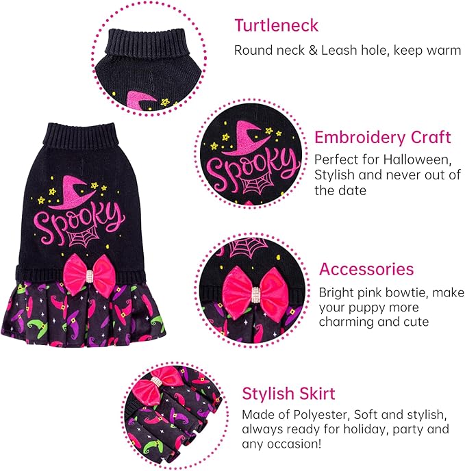 CuteBone Halloween Dog Sweater Dress Spooky Embroidery Turtleneck Puppy Sweater with Bowtie Harness Hole Pullover Winter Dress for Medium Large Dogs