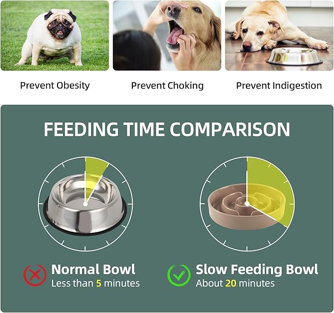 3.2 Cup Ceramic Raised Slow Feeder Dog Bowl Set, Elevated 8.2inch Bowl and 9.5inch Puzzle Slow Food Dish with Wooden Stand for Large Dog, Anti-Gulping (2 x Brown Coffee+ Stand)