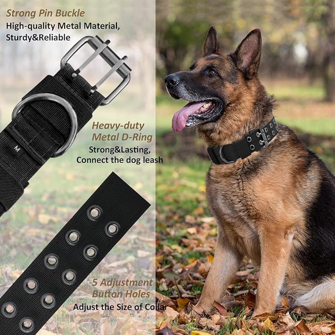 Tactical Dog Collar Military Adjustable Dog Collars Soft Nylon Training Collar with Patch Heavy Duty Metal Buckle Collars for Medium Large Dogs (Black-1, L)