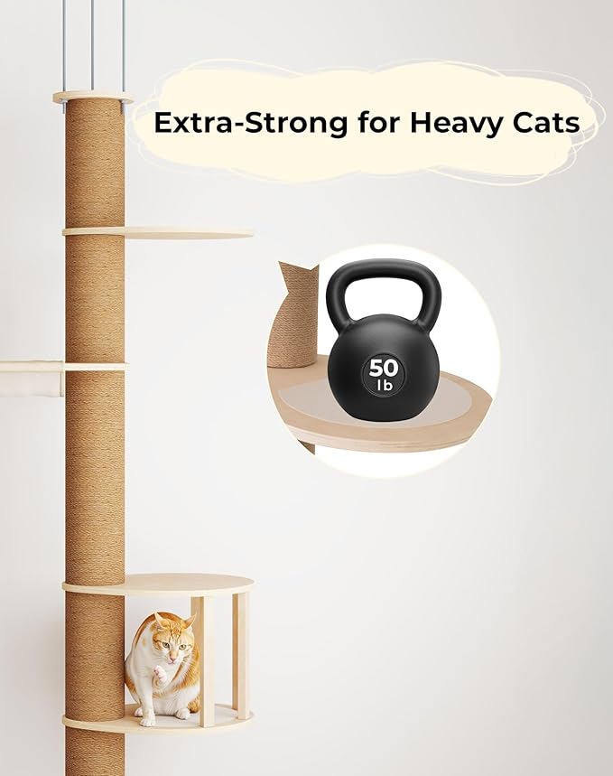 COZIWOW Floor-to-Ceiling Cat Tree, Adjustable (89-112 inches), Sturdy 5-Tier Tower for Large Cats. Features 4.33" Scratching Posts, Hammock, Platforms. Saves Space, enriches Indoor Play.