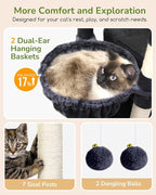 Globlazer Heavy Duty Cat Tree, 74in Sturdy Cat Tower for Large Cats Adult, Big Cat Tree with 7 Sisal Scratching Posts, 2 Padded Condos, 2 Dual-Ear Hanging Baskets, Enlarged Top Perch, S74, Dark Grey