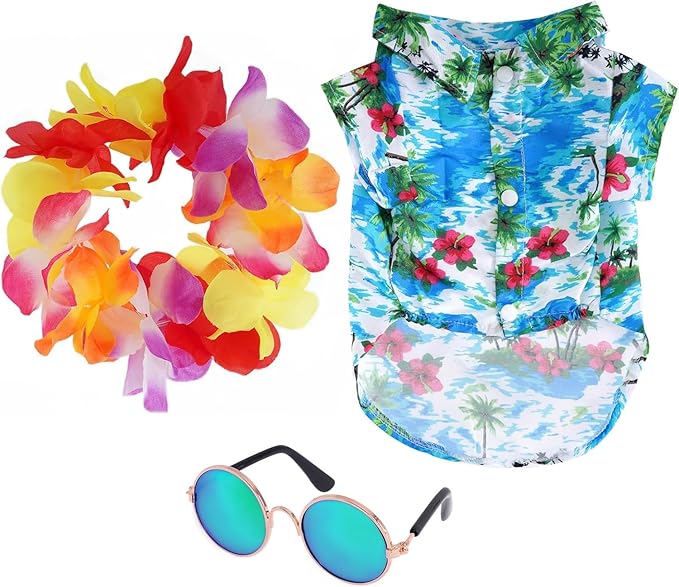 3 Pieces Pet Hawaiian Costume Summer Shirts Sunglasses and Wreath for Small to Medium Dog Cat