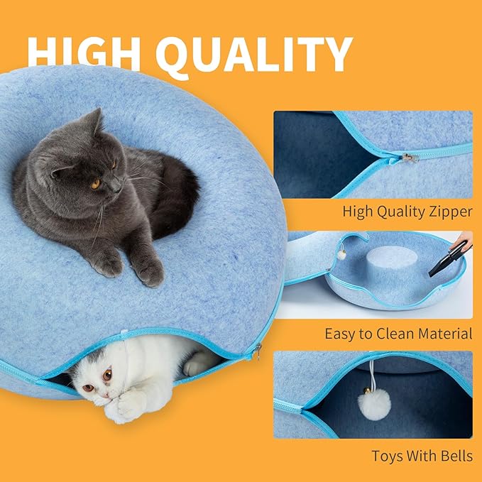 Peekaboo Cat Tunnel for Large Cats up to 30 lbs, Features A Jingle Ball, Removable and Washable Tunnel Bed, and a Cozy Donut Tunnel (Blue, 24 Inches)