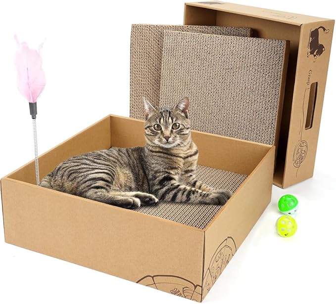 Cat Scratcher Box with 3 PCS Scratching Pads, Reversible Corrugated Cardboard Lounge Bed with Feather Toy and Balls Recyclable Cat Scratcher Cardboard for Indoor Cats