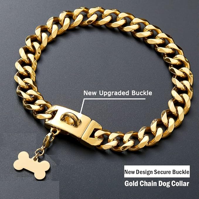 Gold Dog Chain Collar with Design Secure Buckle & ID Tag,18K Cuban Link Strong Heavy Duty Chew Proof Metal Walking Collar for Large Dogs(19MM 26'')