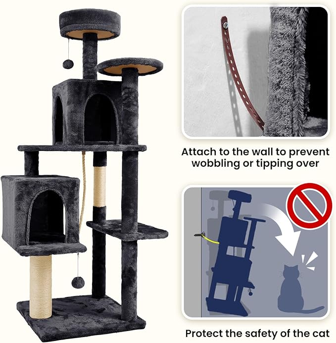 58 Inch Cat Tree Cat Tower for Indoor Cats Tall Cat Condos Scratching Post with Hanging Toy Furniture for Kitten Pets Play, Grey Black