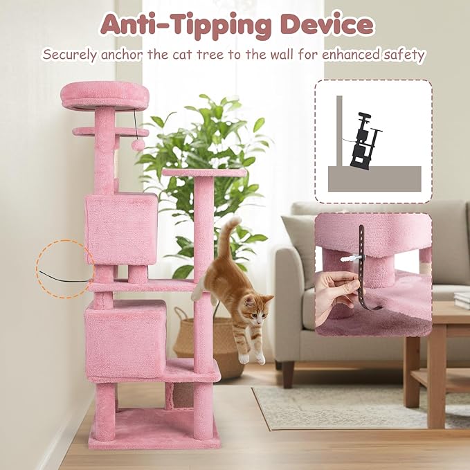 Tangkula Pink Cat Tree Tower, 52 Inch Multi-Level Cat Tower with Sisal Scratching Posts, Cushioned Top Perch, Large Dual Condos & Ladder, 2 Hanging Balls, Jumping Platforms for Indoor Cats (Pink)