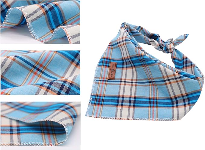 Lionet Paws Dog Bandana for Small Medium Large Dogs, Cat Kerchief Blue Plaid, Triangle Bibs Scarf for Girl or Boy