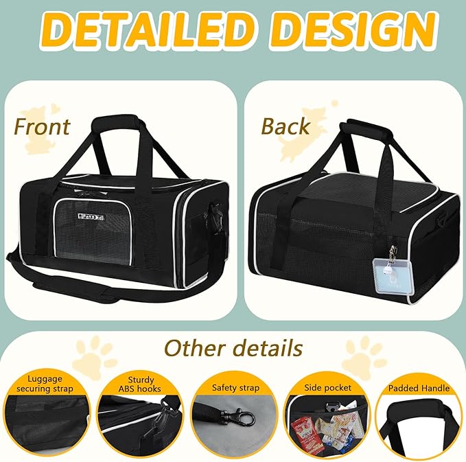 Petskd Pet Carrier 18x13x9.5 Southwest Airline Approved, Pet Travel Carrier Bag for Small Cats and Dogs, Soft Dog Carrier for 1-15 LBS Pets,Dog Cat Carrier with Safety Lock Zipper (Black)