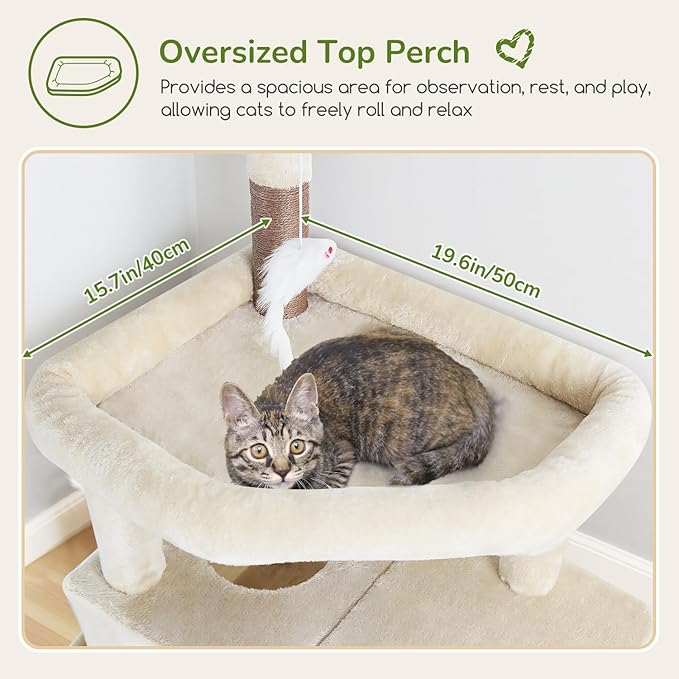 Globlazer Cat Tree for Indoor Cats Large Adult, 74in Tall Cat Tower with Scratching Post, Heavy Duty Cat Tree Tower with 2 Spacious Caves, Oversized Top Perch, Big Hanging Basket, F74B, Beige