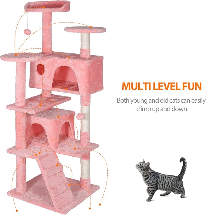 ZENY 54 Inch Cat Tree, Multi-Level Cat Condo with Scratching Post + 2 Play Houses, Pet Furniture in Pink