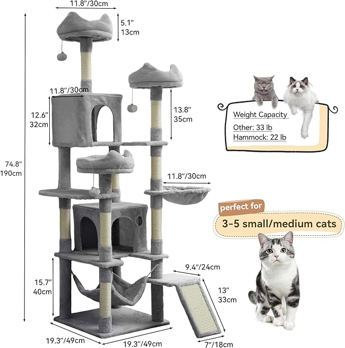 DWVO 75 in Multi-Level Cat Tower: Tall Cats Tree for Indoor Kittens, Pet Furniture with Kitty Condos, Top Perches, Sisal Ramp Scratching Posts, Cozy Basket, Hammocks, Light Gray