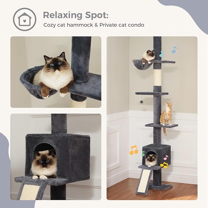 PEQULTI Cat Tree Floor to Ceiling, Tall Cat Tower, Adjustable Height (83''-108'') 5 Tiers Climbing Tree for Indoor Cats with Cat Condo, Scratching Post and Ladder, Dark Grey