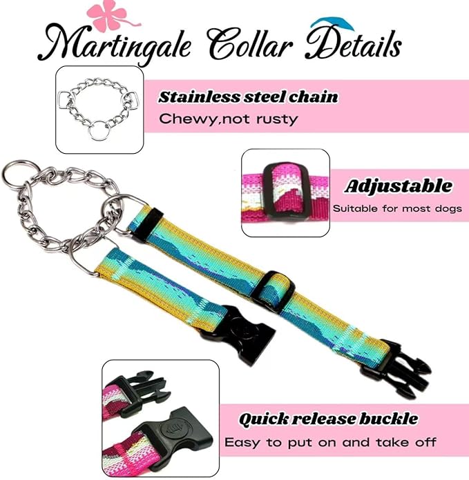 Martingale Dog Collars with Stainless Steel Chain, Reflective No Pull Walking Training Collar with Quick Release Buckle, Adjustable Slip Chain Nylon Dog Collars for Small Medium Large Dogs