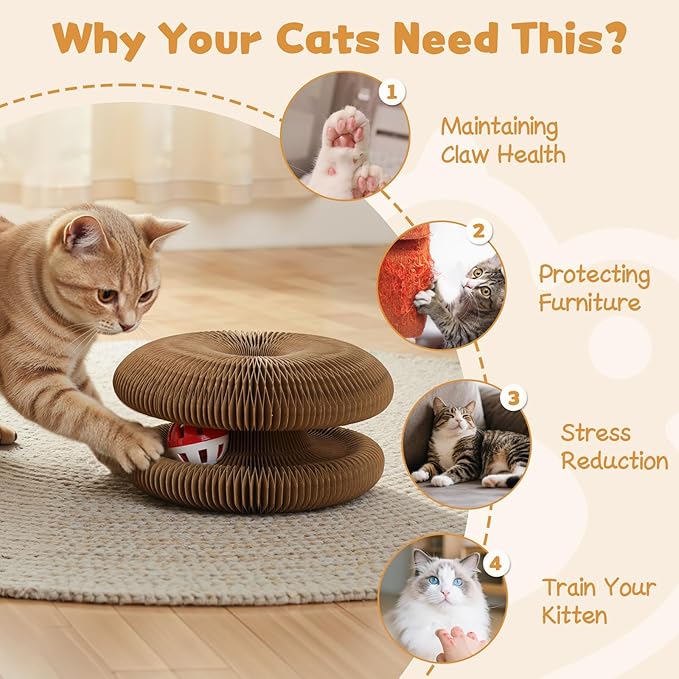 2Pcs Magic Organ Cat Scratcher Cardboard, Foldable Scratching Board, Interactive Cat Toy with Bell Ball, Corrugated Cardboard Scratch Pad for Indoor Cats, Round