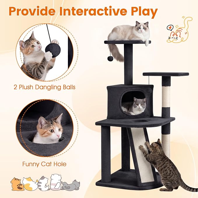 PETSITE 44-inch Multi-Level Cat Tree, Modern Cat Tower with Sisal Scratching Posts, Cozy Condo, Playful Cat Hole, Sisal Covered Ladder, and Dangling Ball, Ideal for Indoor Cats and Kittens (Dark Grey)