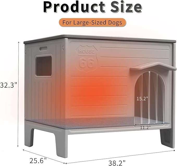 Rockever Dog House Outdoor Indoor for Large Dogs, Insulated Dog House with Mat, Plastic Elevated Outdoor Dog House Waterproof Dog Kennel with Window, Clean Easily(L & Mat)