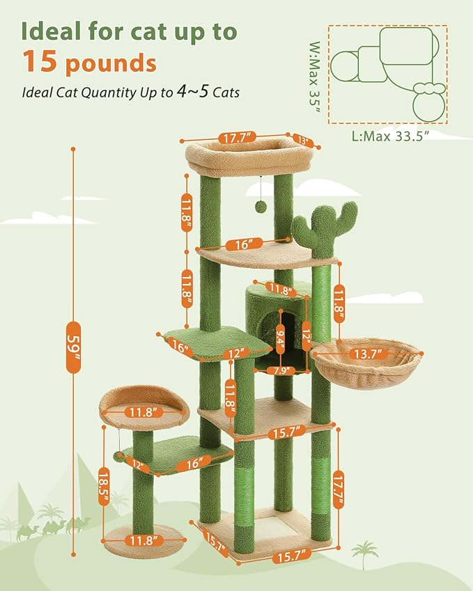 59" Cactus Cat Tree, Large Cat Tree for Indoor Cats, Cat Tower for Large Cats, Multi-Level Tower, Condo with Hammock, Scratching Post, and 2 Perches, Green