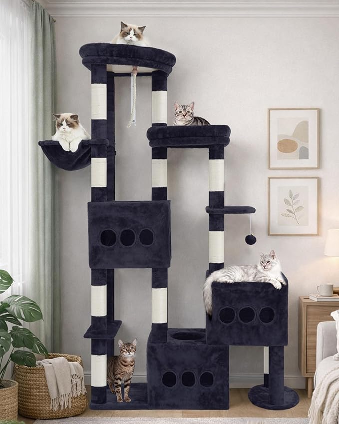 Cat Tree for Large Adult, 71.7'' Tall Cat Tower for Indoor Cats, Sturdy Heavy Duty Cat Tree Tower for 20 lbs+Cats, 3 Big Cat Condos, 10 Scratching Posts, 3 Platforms, Drak Gray GCT036G