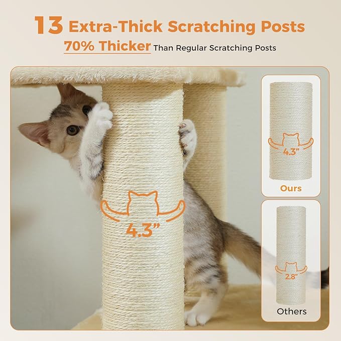 Large Cat Tree-67in Tall Cat Tower for Indoor Cats Large Adult with 13 Thick Sisal Scratching Posts (φ4.3in), Multi- Level Cat Condo, Super Big Perch & Hammocks for Maine Coon 20 lbs -Beige