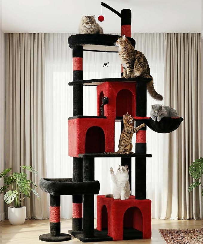Heavy Duty Cat Tree for Indoor Cat, 74 Inch Cat Tower with Scratching Post, Hanging Basket, Cat Condo with Large Platform for Large Cats, PMT04RD, Black Red
