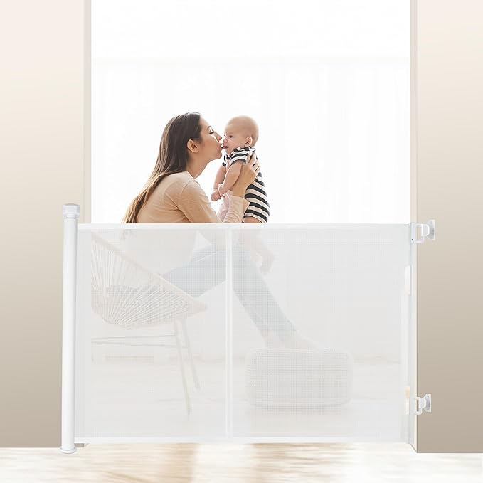 71 inches Extra Wide Retractable Baby Gate, 34 inches Tall Pet Gate for Stairs, Hallways, Kitchens, Safety Mesh Barrier for Kids and Dogs, Indoor Outdoor Use, White