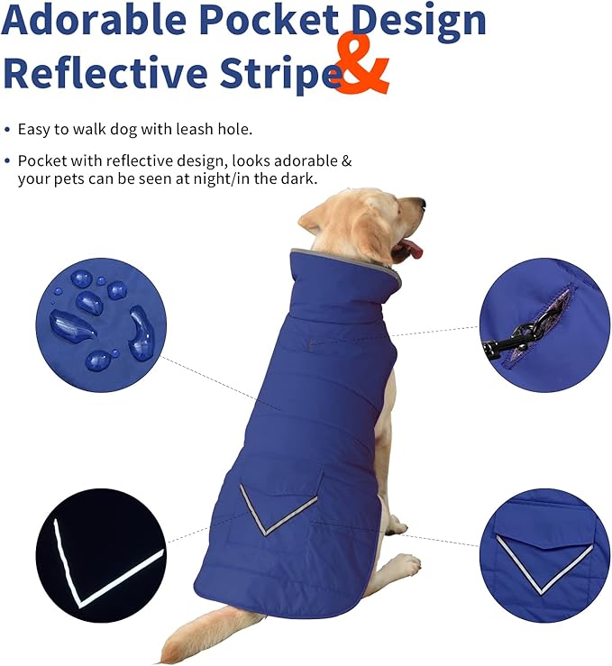 Dog Coat, Waterproof Dog Winter Jacket with Pocket, Reflective Adjustable Pet Snow Vest, Warm Cozy Fleece Sweater for Small Medium Extra Large Dogs - Blue, XS