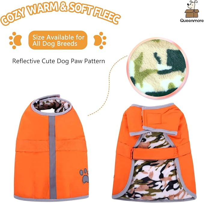 Queenmore Cold Weather Dog Coats Loft Reversible Winter Fleece Dog Vest Waterproof Pet Jacket Available in Extra Small, Small, Medium, Large Extra Large Sizes Orange