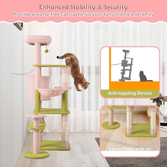 Tangkula Flower Cat Tree, 58 Inch Tall Cat Tower with Plush Padded Top Perch, Cat Condo, Hammock, Sisal Scratching Posts & Board, Dangling Balls, Indoor Pink Floral Cute Cat Tree