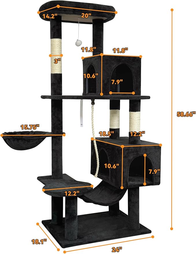 58" cat Tree Tall, Large Multi-Level Cat Condo with Sisal Leaf Scratching Posts, Sturdy Construction Easy Assembly, Indoor Pet Furniture,Dark Gray