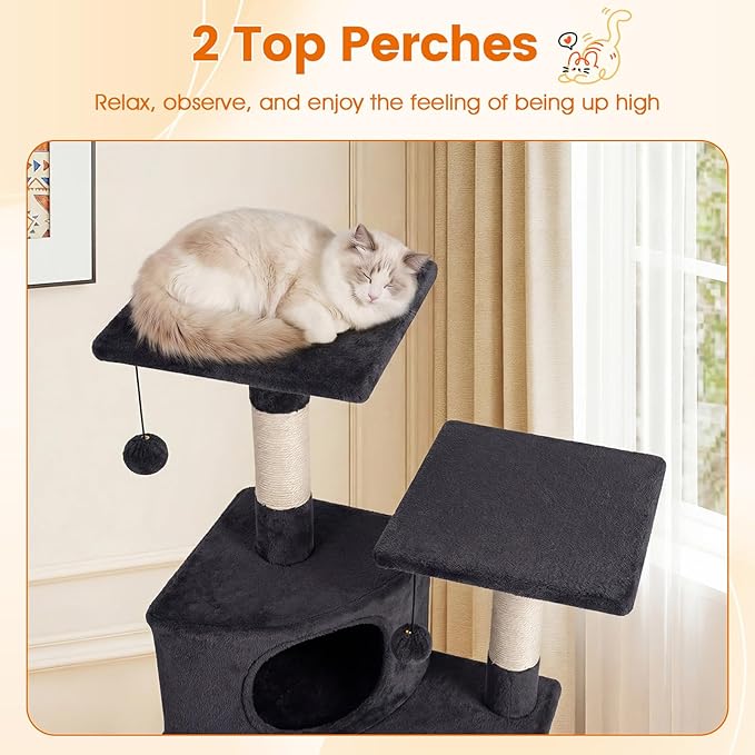 PETSITE 44-inch Multi-Level Cat Tree, Modern Cat Tower with Sisal Scratching Posts, Cozy Condo, Playful Cat Hole, Sisal Covered Ladder, and Dangling Ball, Ideal for Indoor Cats and Kittens (Dark Grey)
