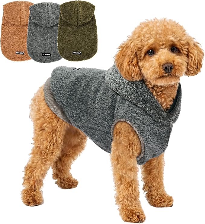 Tuff Pupper Fleece Dog Hoodie Sweater | Teddy Sherpa Outer & Soft Polar Fleece Lining | Adjustable Fit Winter Coat with Hood, Leash Hole, Ribbed Cuffs | for Small Medium Large XL XXL Dogs (Grey, XXS)
