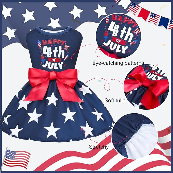 XPUDAC 4th of July Dog Dress Patriotic Clothes Stars Skirt with Bow Independence Day Doggie Outfit Pet Holiday Apparel for Small Dog Girl Cat, L