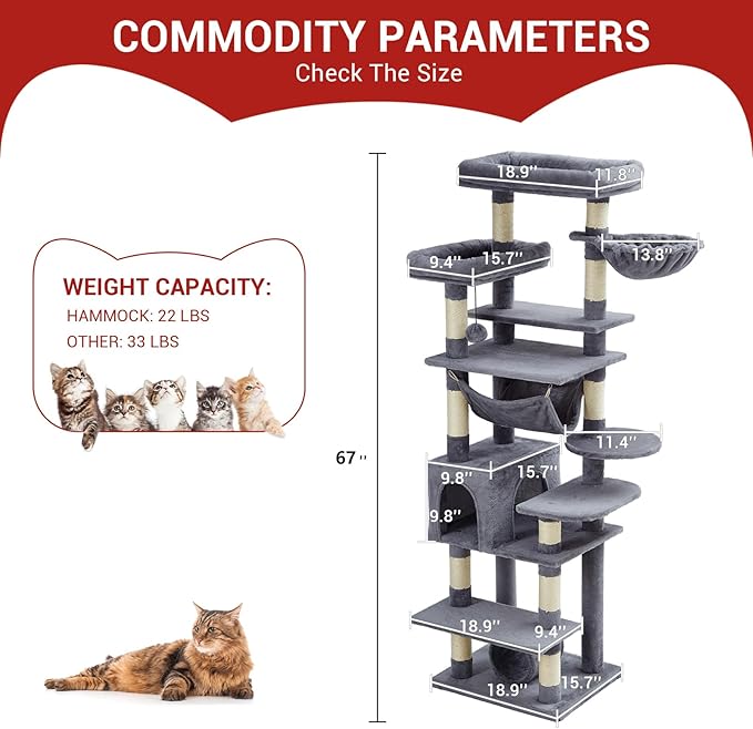 GarveeHome 67 in Cat Tree for Large Cats, Features Scratching Post, Cat Condo, Platforms, Tunnel, Hammock, Food Station & Bowls – Ideal for Indoor Cats, Dark Gray
