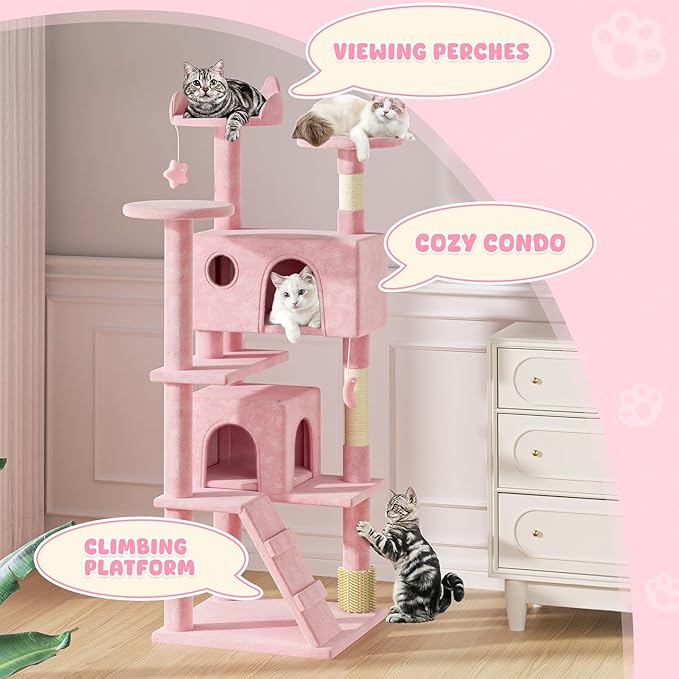 Magshion Cat Tree 70" Cats Tower for Indoor Cats, Multi-Level Cat Condo with Scratching Post, Top Perch, Sisal Board and Dangling Ball, Cat Stand Jumping Platform Kittens Pet Play House (Pink)