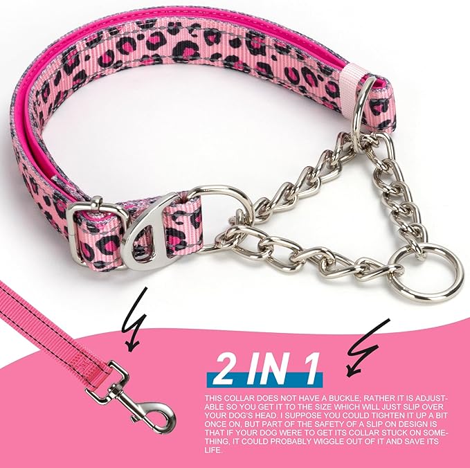 Reflective Martingale Collar with Chain，Pink Leopard Choker Collar for Dogs No Pull Dog Collar for Medium Large XL Dogs(Pink XL)
