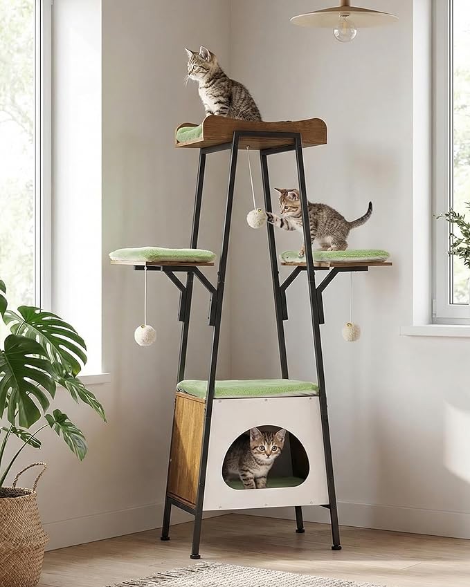 46-Inch Modern Cat Tree Tower for Large Cats, Multi-Level Cat Tower with Playful Toy Balls, Large Perch, Cat Condo, Removable Pads, Green
