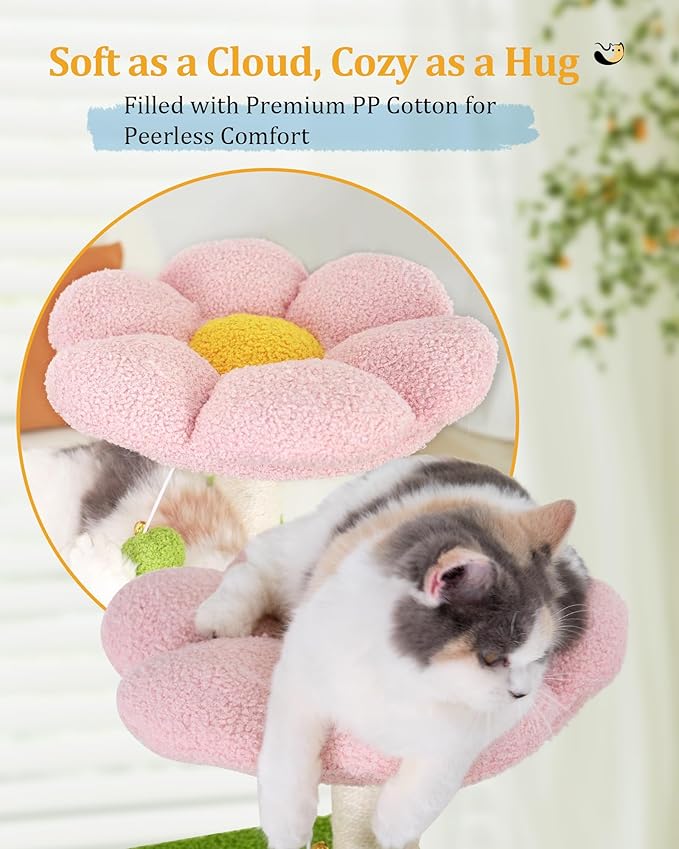 41.2'' Flower Cat Tree with 3 Scratching Posts, Small Cat Tower Cute for Indoor Girl Cat, Cozy Condo Cave Hammock Perch Bed for Kitten Pet, Green