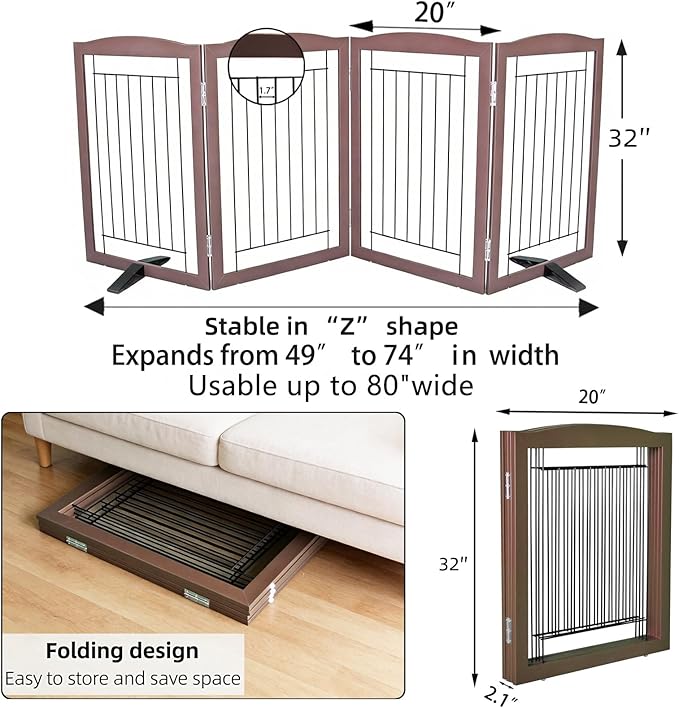 Dog Fence Indoor,Dog Gate Indoor for Doorway pet gate -4-Panel Freestanding, Hallways, House or Stairs -80x32-Inch Retractable Foldable Expandable Wood Pet by SFJC (Brown) ﻿