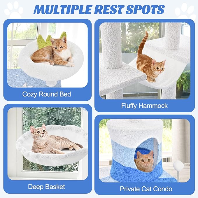 PETSITE Ocean-Themed Cat Tree for Indoor Cats, Multi-Level Cat Tower with Natural Sisal Scratching Posts, Hanging Toys and Padded Top Perch, Modern Cat Tree for Large Cats 20 lbs Heavy Duty (66")
