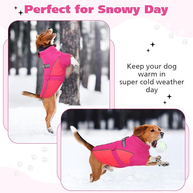 ROZKITCH Dog Winter Coat, Dog Coat for Autumn Winter with Turtleneck, Pet Clothes with Adjustable Waist Strap, Soft Warm Pet Clothing with Reflective Strip for Small Medium Large Dogs Rose Red 3XL